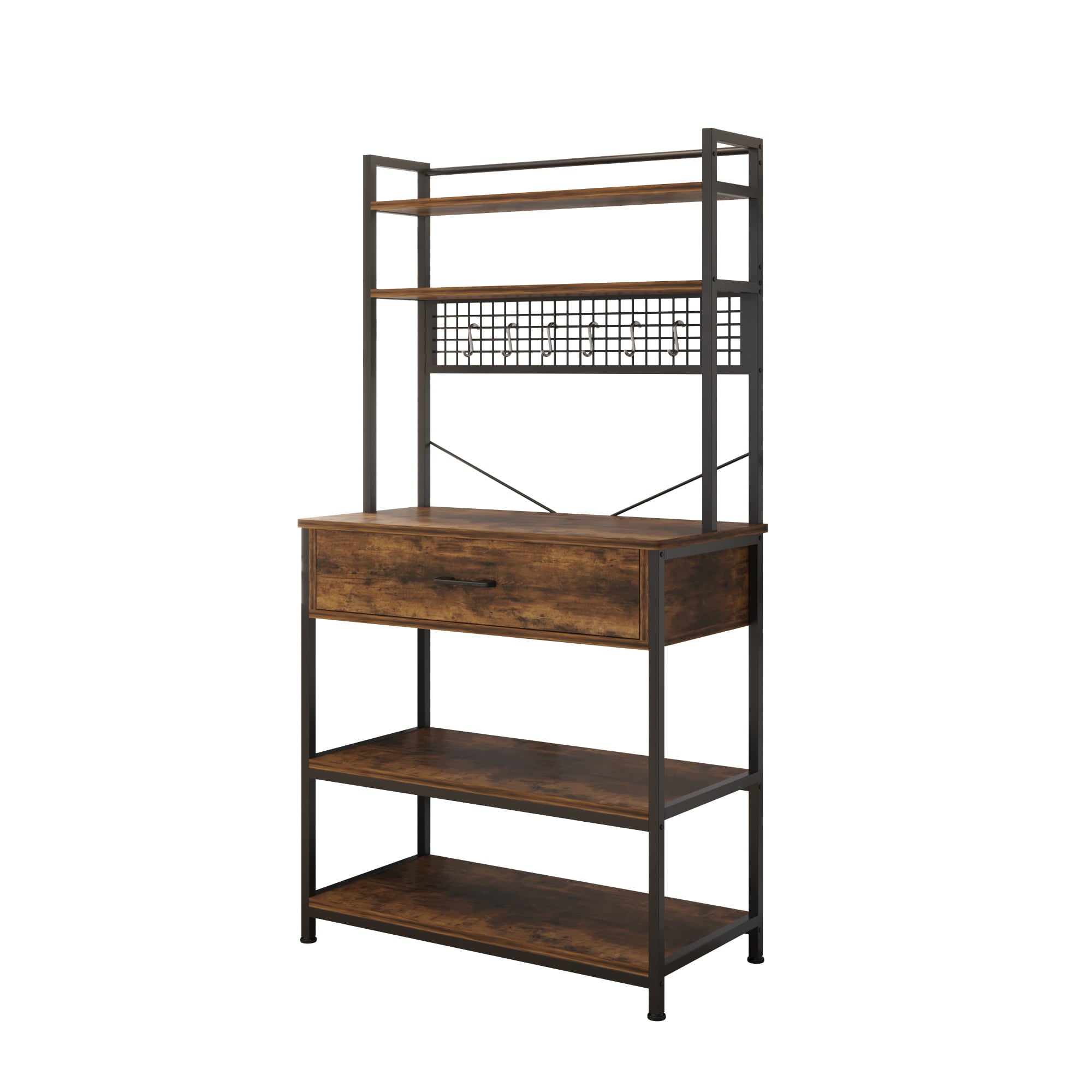Zimtown 5 Tiers Bakers Rack Industrial Kitchen Island with Storage Drawer， Microwave Oven Cart Coffee Bar Stand W/ Shelf and 10 S-Hooks， Rustic Brown Finish