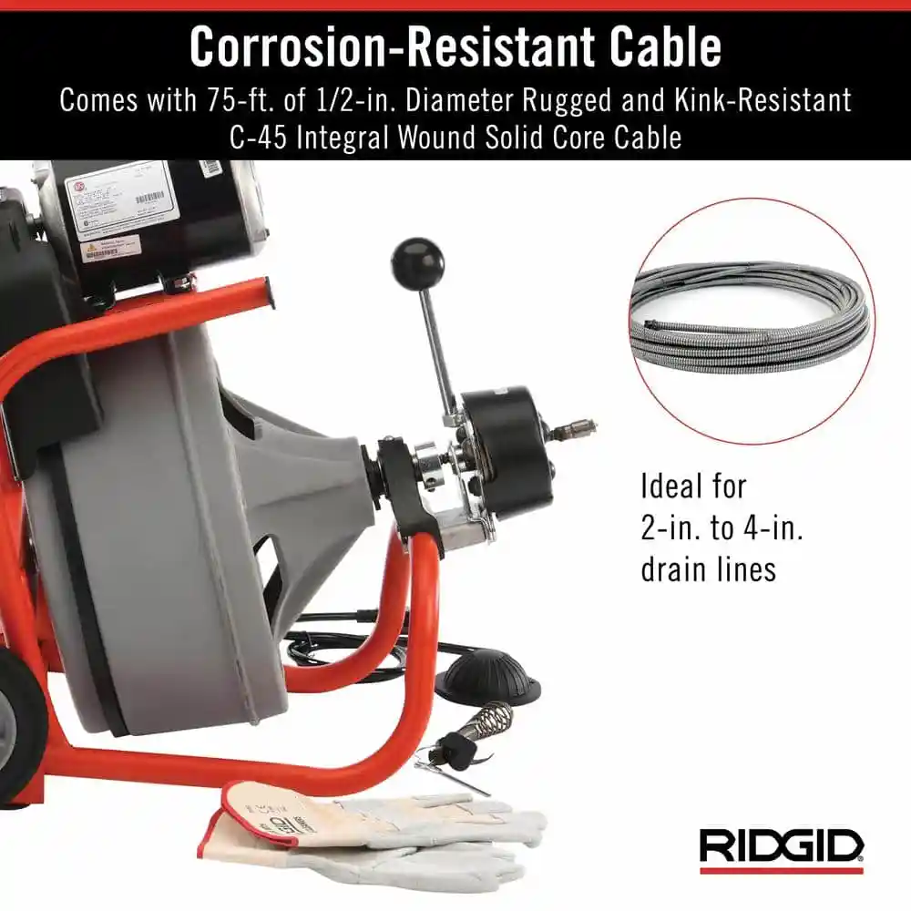 RIDGID K-400 AutoFeed Drain Cleaning Snake Auger 120-Volt Drum Machine and C-45IW 1/2 in. x 75 ft. Cable + Tool Set & Gloves 27013
