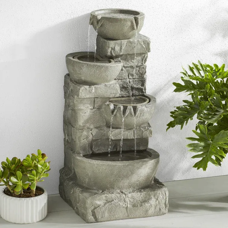 💕Clearance sale💕4 tier bowl floor stacked stone waterfall fountain with LED lights and pump