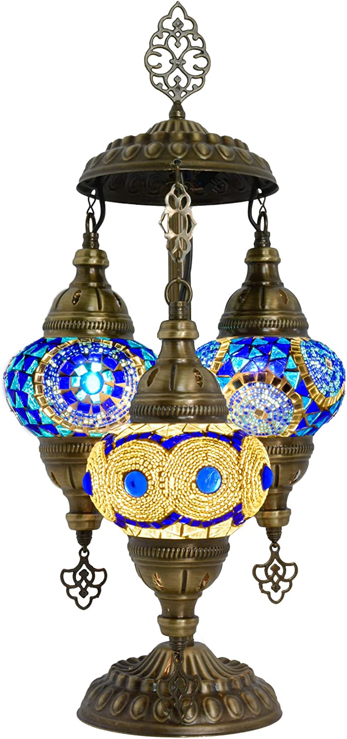 SHADY 3 Light Moroccan Mosaic Table Lamp  Stained Glass Boho Style Turkish Desk Lamp  Farmhouse Antique Living Room  Office Decorative Vintage Lighting with US Plug &amp; E12 Socket (Blue