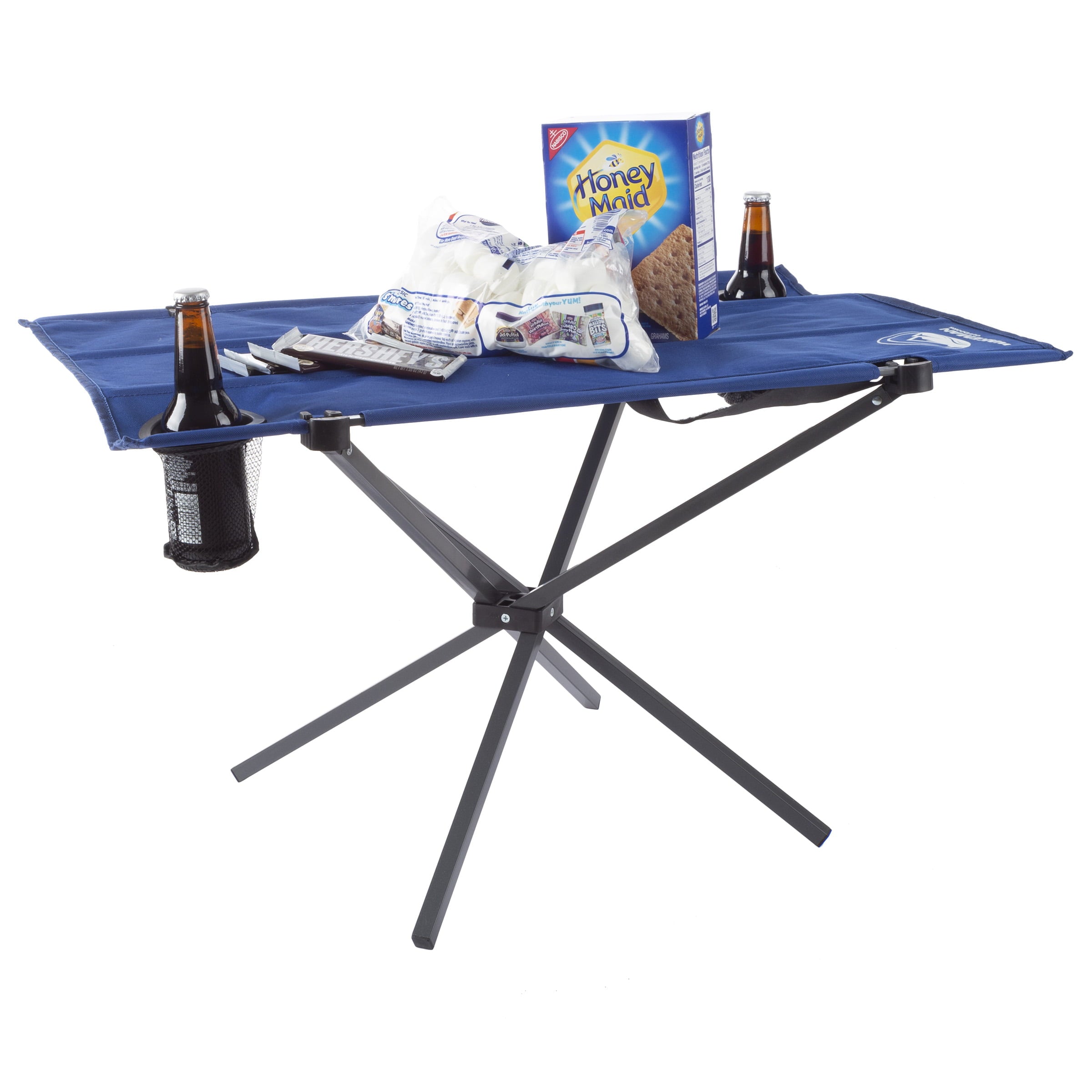 Camp Table-Outdoor Folding Table with 2 Cupholders and Carrying Bag-For Camping， Hiking， Beach， Picnic， or Sporting Events by Wakeman Outdoors (Blue)
