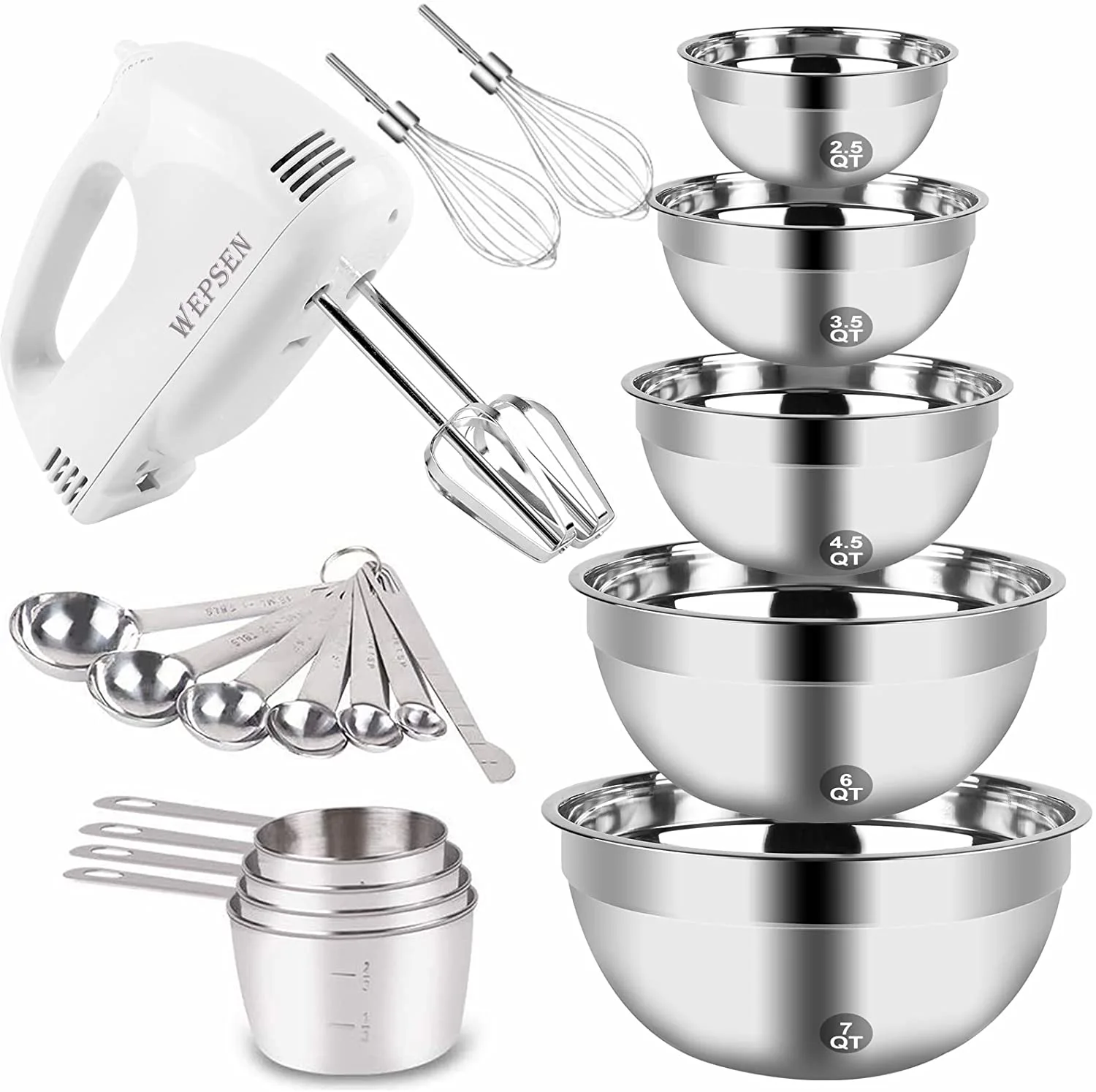 Hand Mixer Mixing Bowls Set, Upgrade 5-Speeds Handheld Mixers with 5 Nesting Stainless Steel Mixing Bowl, Measuring Cups and Spoons Whisk Blender Kitchen Cooking Baking Supplies For Beginner
