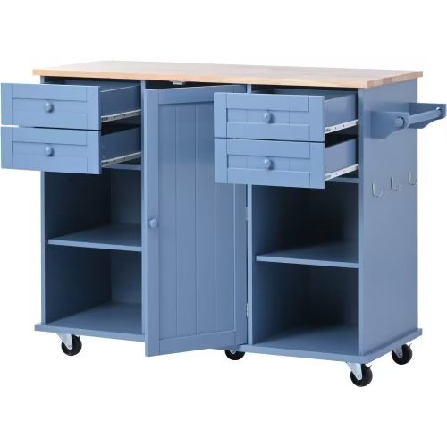 Kitchen Island Cart with 4 Storage Drawers， Rolling Mobile Kitchen Island Table with Spice Rack， Towel Rack， Rubber Wood Desktop， 5 Wheels Including 4 Lockable Wheels， 52.8in Width， Blue