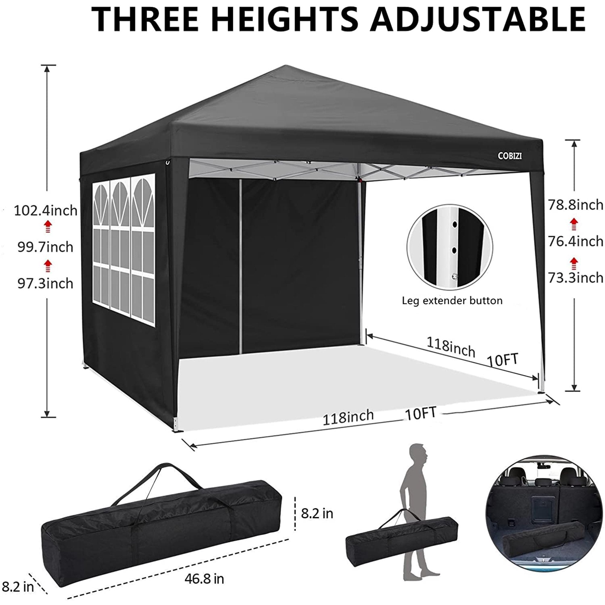 10 x 10ft Pop Up Canopy Tent Instant Outdoor Party Canopy Straight Leg Commercial Gazebo Tent Shelter with 4 Removable Sidewalls and Carrying Bag, Black