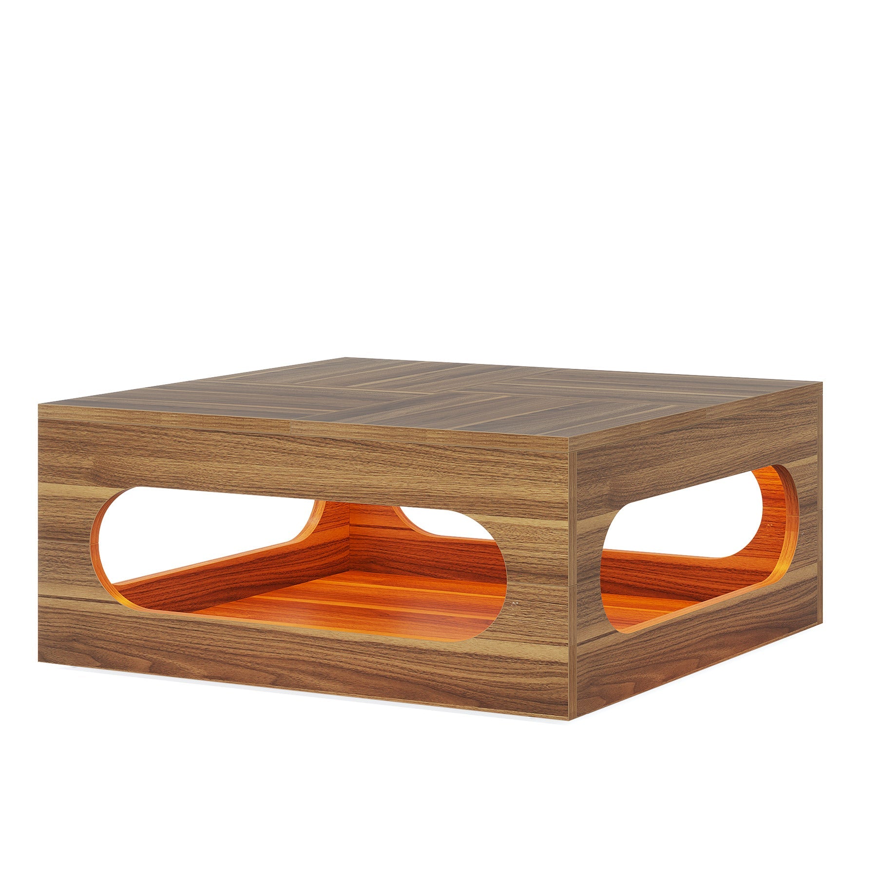 2-Tier Coffee Table, Wood Square Center Tea Table with LED Strip Light