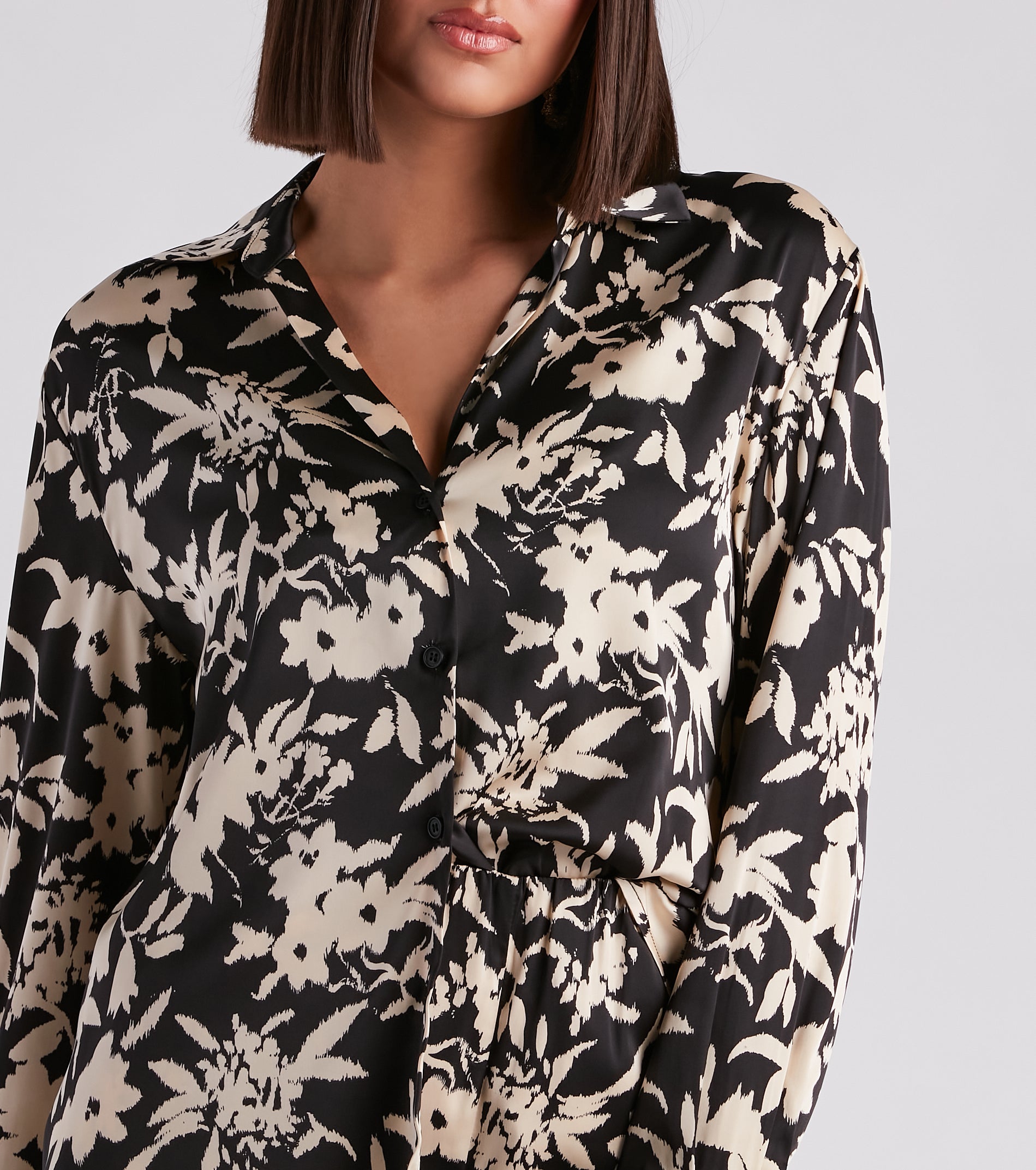 Major Muse Floral Satin Button-Down Top