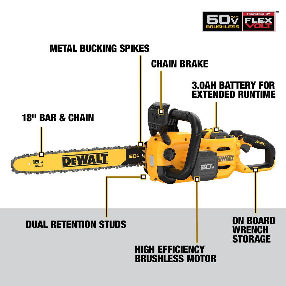 DEWALT DCCS672X1 60V MAX 18in. Brushless Battery Powered Chainsaw Kit with (1) FLEXVOLT 3Ah Battery and Charger