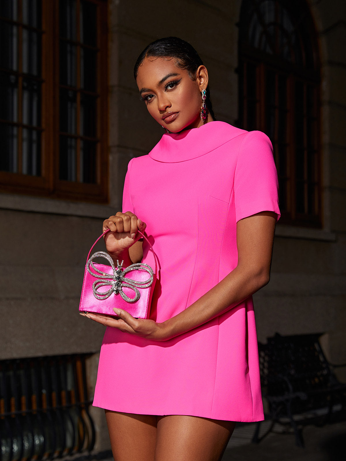 Fia Crystal Butterfly Clutch In Hot Pink