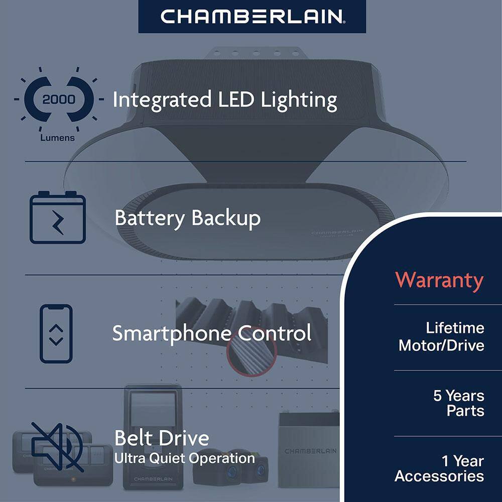 Chamberlain B6713T 1-1/4 HP LED Smart Quiet Belt Drive Garage Door Opener with Battery Backup