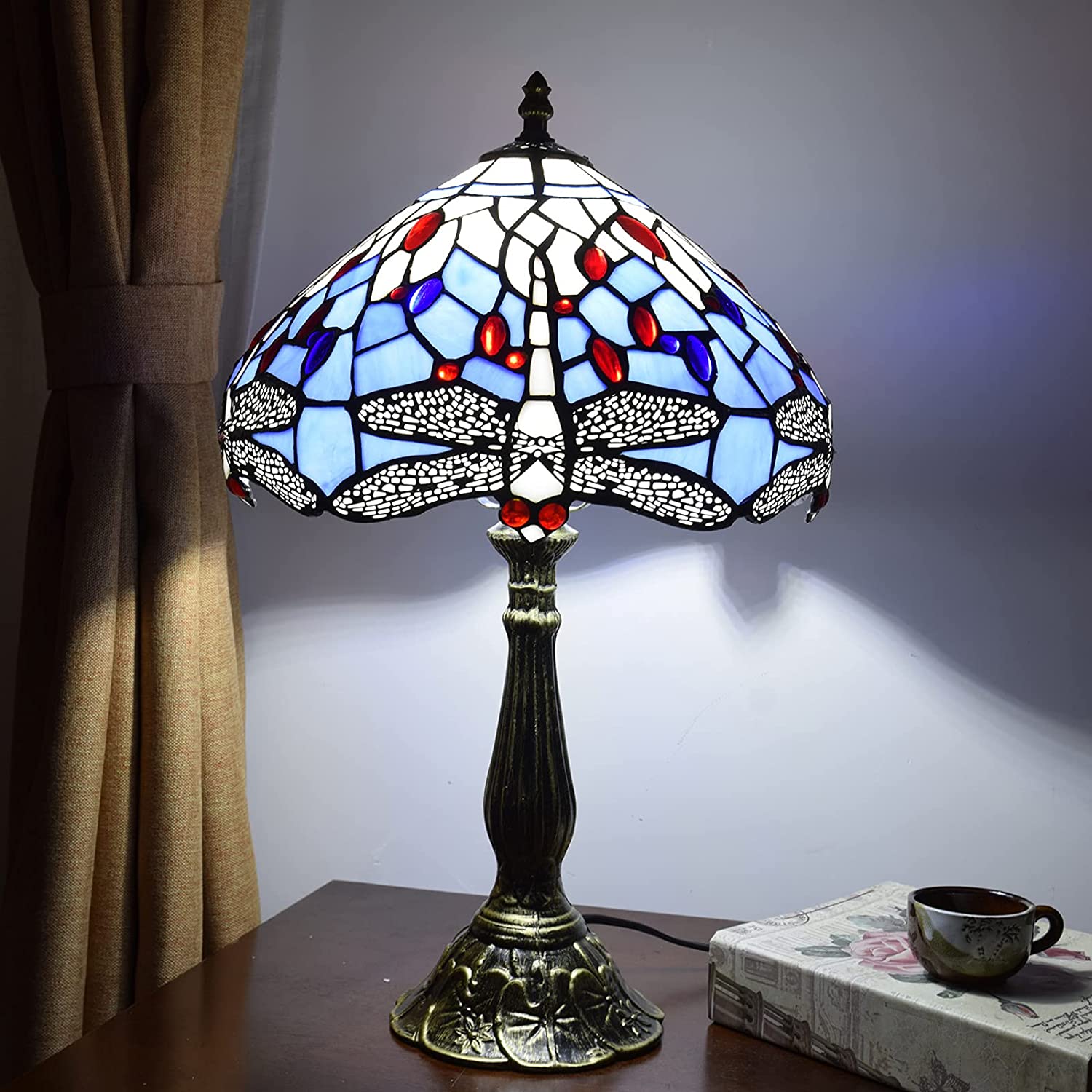 SHADY  Lamp Stained Glass Lamp Dragonfly Blue Bedroom Table Lamp Reading Desk Light for Bedside Living Room Office Dormitory Dining Room Decorate  12x12x18 Include Light Bulb