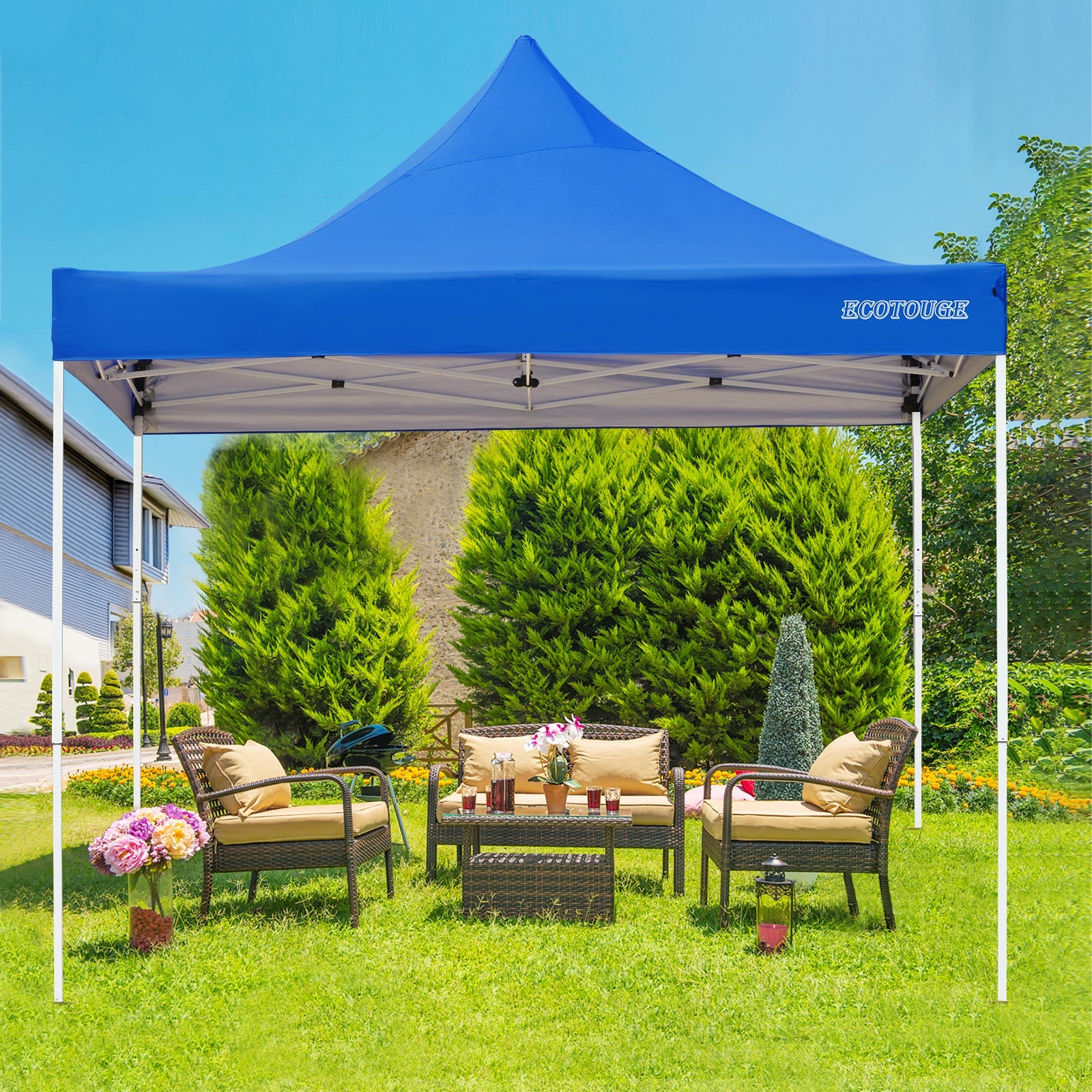 10 x 10 Pop Up Tent Canopy with Wheeled Roller Bag, Fold Instant Patio Canopy, Anti-UV Canopy Tent（Blue)