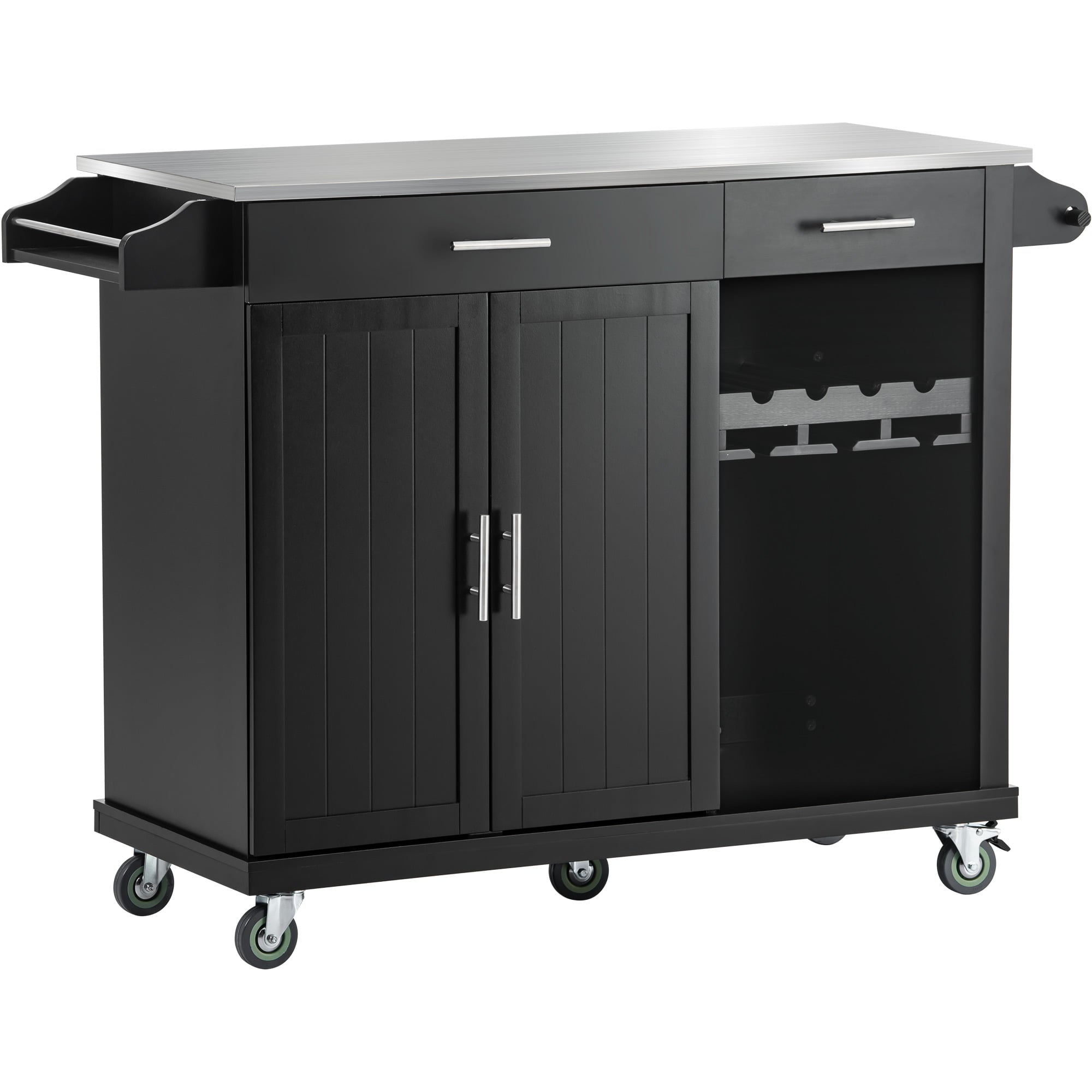 Kitchen Cart with Stainless Steel Top， Mobile Kitchen Island Cart with Spice Rack and Towel Rack， Kitchen Sideboard Buffet Cabinet with 2 Drawers and Wine Rack， Black