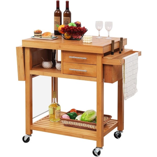EROMMY Rolling Bamboo Wood Kitchen Island Cart， Multi-Purpose Kitchen Trolley Cart on Wheels， Kitchen Cart with Drawers - - 37507023