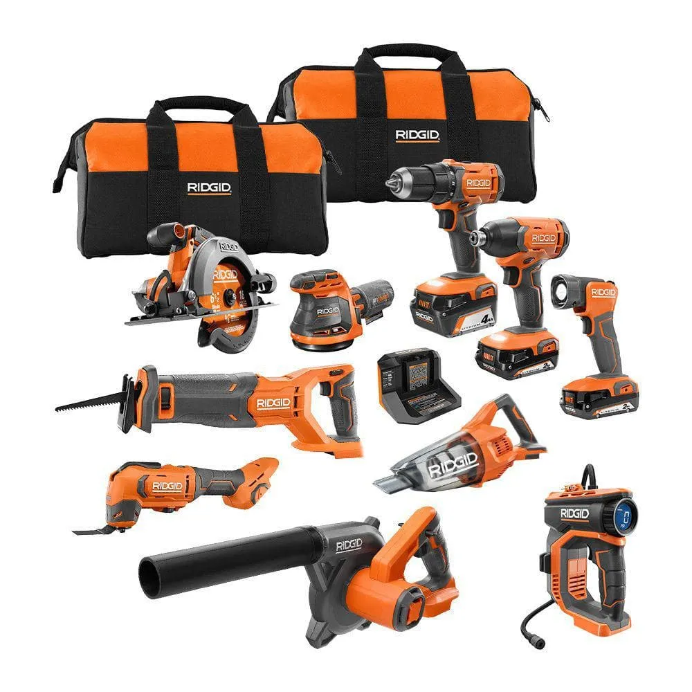 RIDGID 18V Cordless 10-Tool Combo Kit with (2) 2.0 Ah Battery, (1) 4.0 Ah Battery, Charger, and Bag R96259N