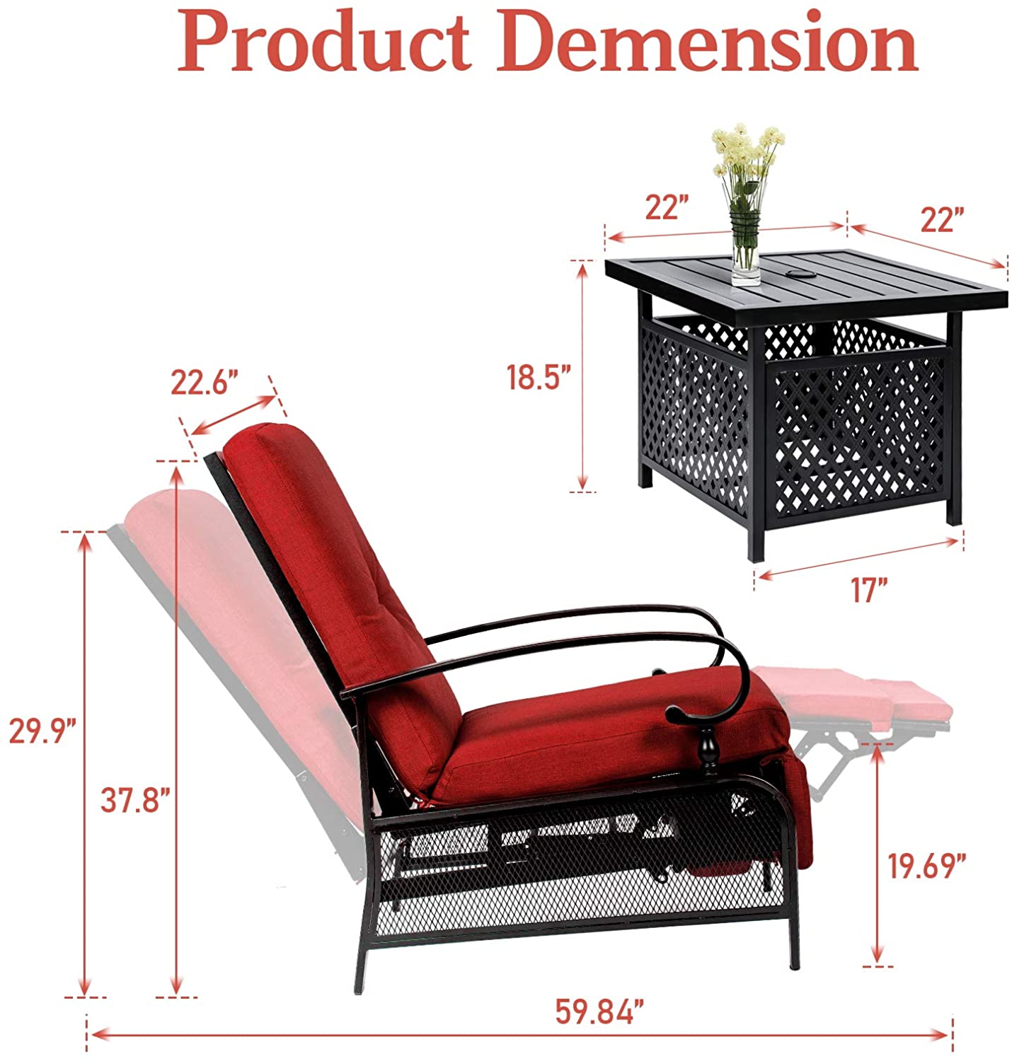 SUNCROWN 2-Piece Patio Recliner Outdoor Adjustable Lounge Chair and Metal Side Table Umbrella Base Stand, Red