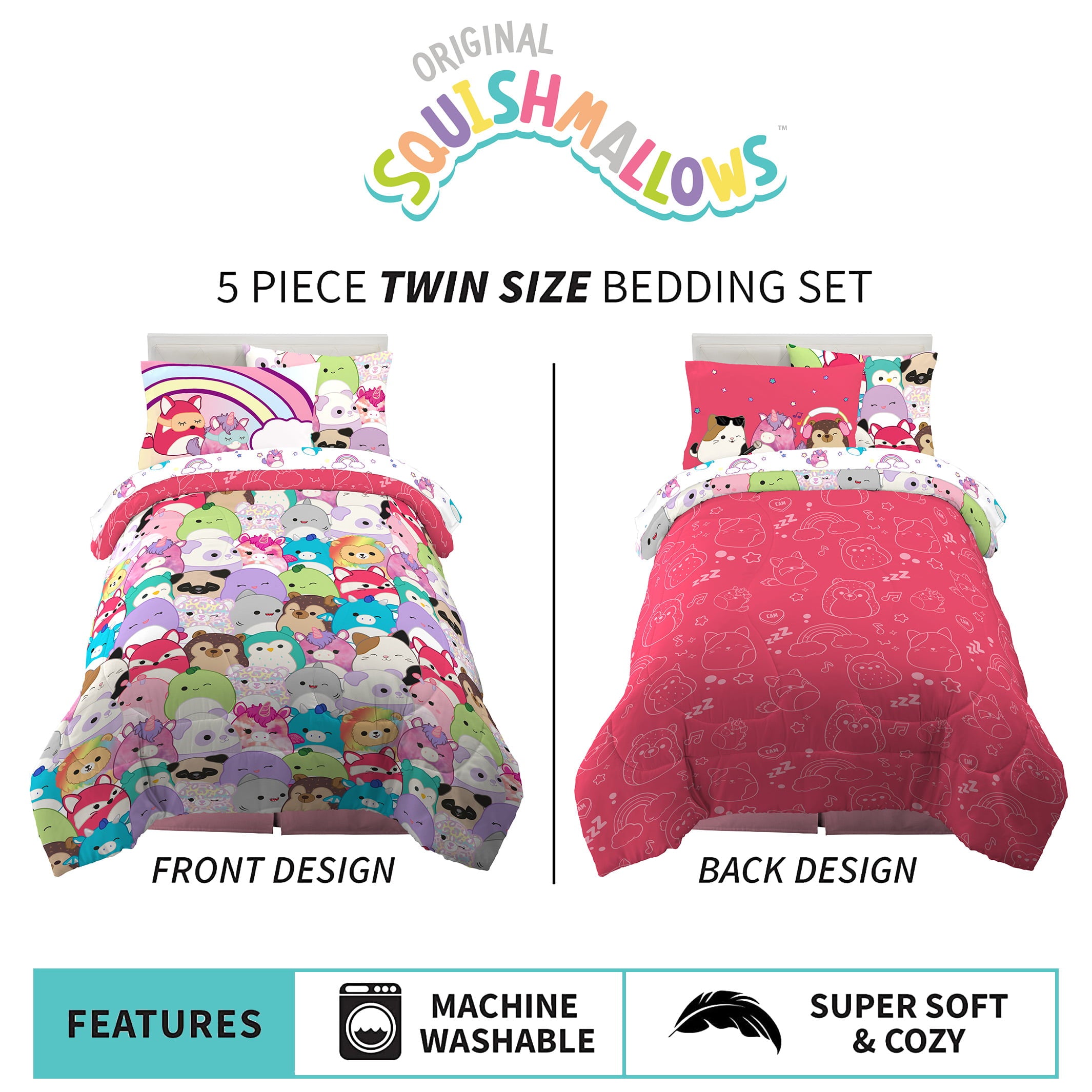 Squishmallows Kids Twin Bed in a Bag, Comforter and Sheets, Multicolor