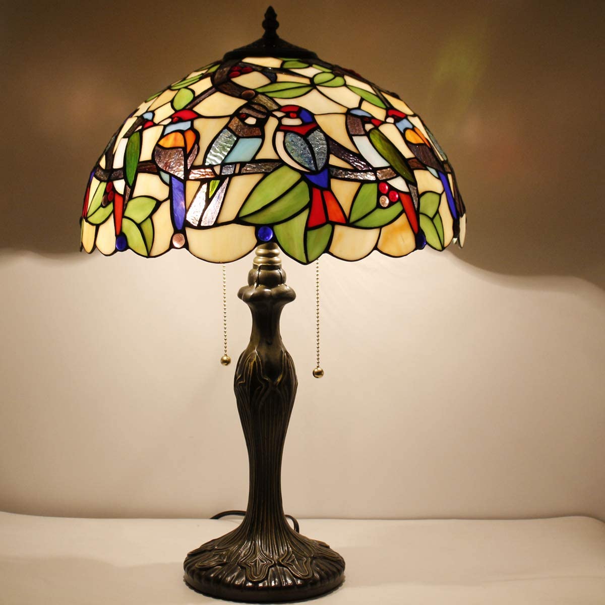  Table Lamp Colorful Stained Glass Birds Bedside Lamp 16X16X24 Inches Desk Reading Light Metal Base Decor Bedroom Living Room Home Office S805 Series