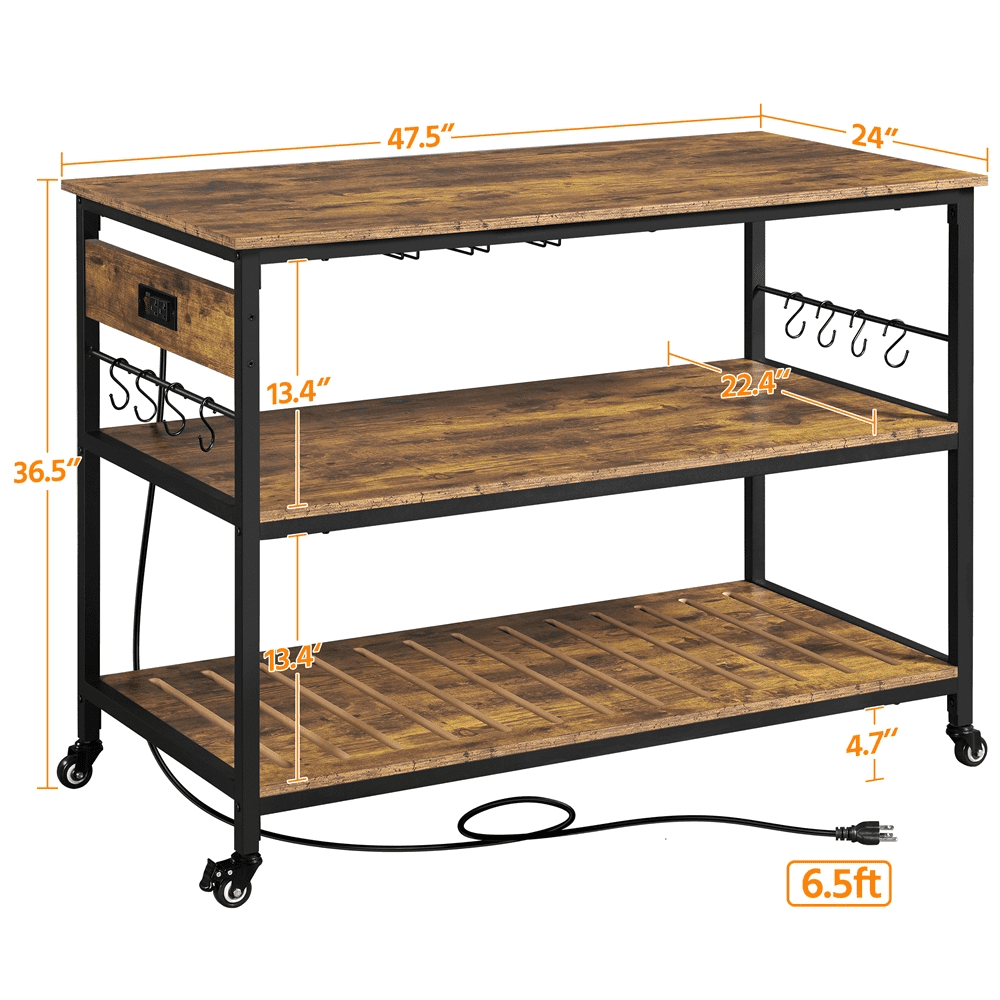 Easyfashion Rolling Kitchen Island with 3 Shelves， Glass Holder and Power Outlets， Rustic Brown