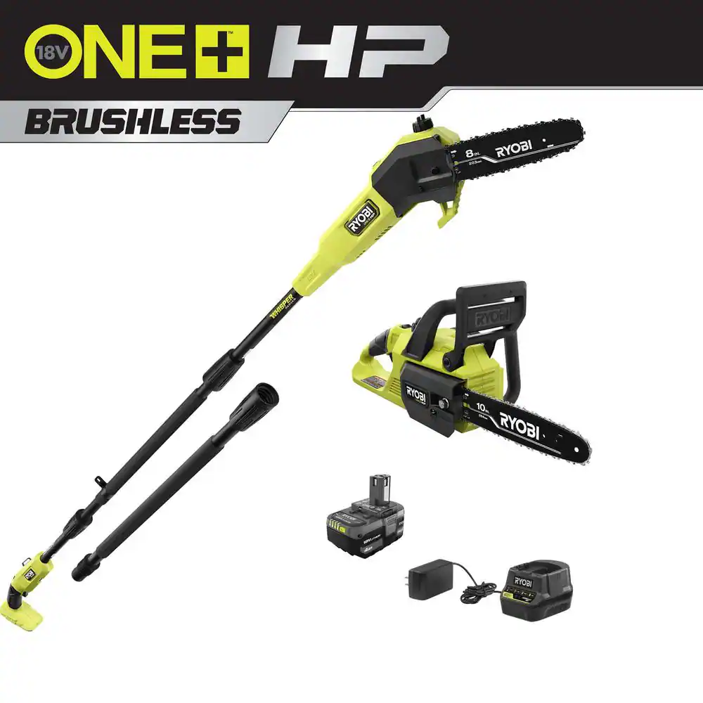 RYOBI P2520-PS ONE+ HP 18V Cordless 10 in. Chainsaw and Whisper Series 8 in. Pole Saw with 4.0 Ah Battery and Charger