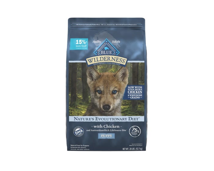Blue Buffalo Wilderness， High Protein Natural Puppy Dry Dog Food plus Wholesome Grains， Chicken， 28 lb. Bag