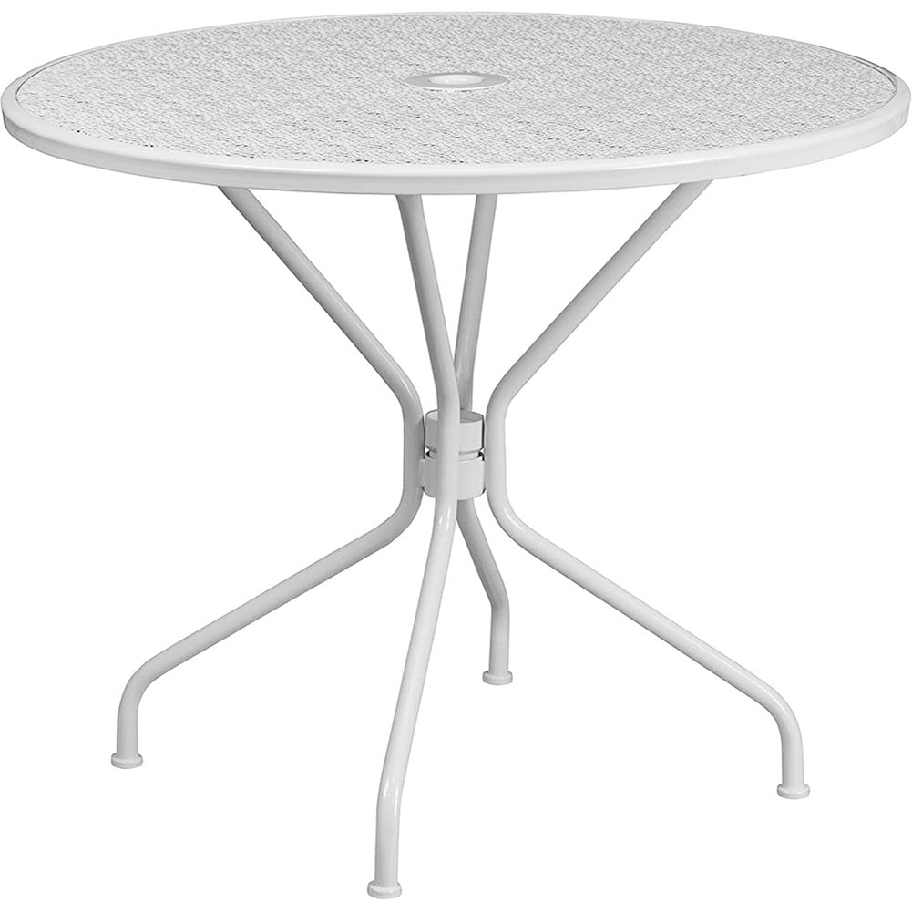 35.25" Commercial Grade White Steel Indoor/Outdoor Patio Table with Umbrella Hole