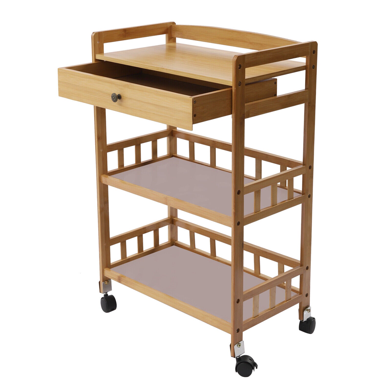 TFCFL Rolling Kitchen Cart 3 Tiers Bamboo Island Trolley Cart with Wheels and 1 Drawer
