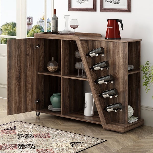Kitchen Island Cart with Wheels， Shelf and 5 Wine Holders - - 35936713