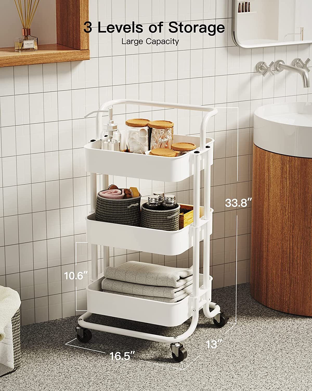 Rolling Utility Cart， 3-Tier Kitchen Organization Cart with Lockable Wheels， Multi-Functional Storage Trolley for Office， Living Room， Kitchen