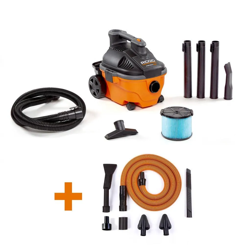 RIDGID 4 Gallon 5.0 Peak HP Portable Wet/Dry Shop Vacuum with Fine Dust Filter, Hose, Accessories and Premium Car Cleaning Kit WD4070C