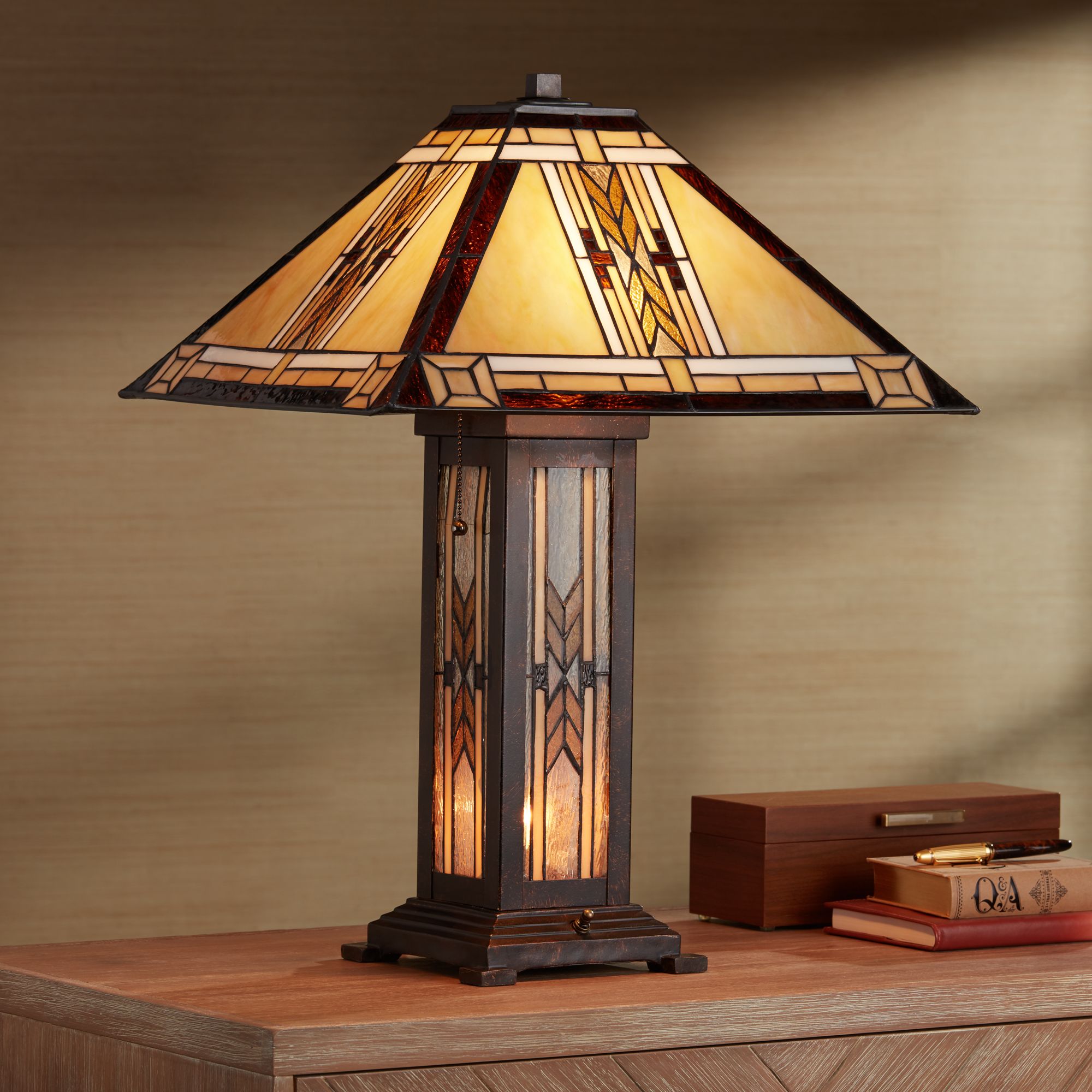 Franklin Iron Works  Style Table Lamp with Nightlight Mission 25.5" High Bronze Stained Glass for Living Room Family Bedroom (Color May Vary)