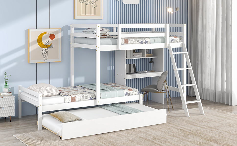 EUROCO Twin over Twin Bunk Bed with Desk and Trundle for Kids Bedroom, White