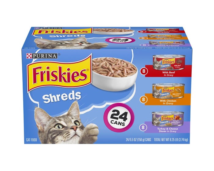 Purina Friskies Shreds in Gravy Adult Wet Cat Food Variety Pack， (24) 5.5 oz. Cans