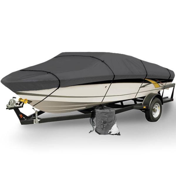 Gray Heavy Duty Waterproof Mooring Boat Cover Fits Length 22' 23' 24' Superior Trailerable 600 Denier V-Hull Fishing Aluminum Ski Boat Pro Bass Inboard Outboard 22ft to 24ft- Includes 2 Support Poles