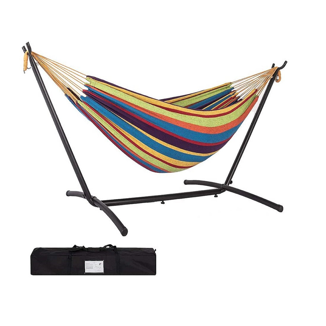 Classic Camping Outdoor Cotton Hammock with 9 Ft Steel Stand Rainbow Striped 450lb Capacity