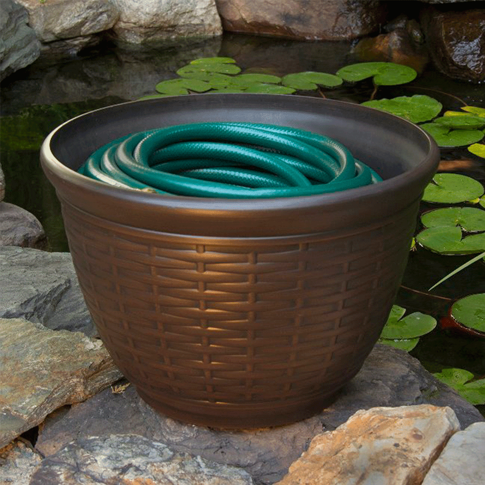 Liberty Garden 100 Foot Wicker High Density Water Hose Storage Pot， Bronze
