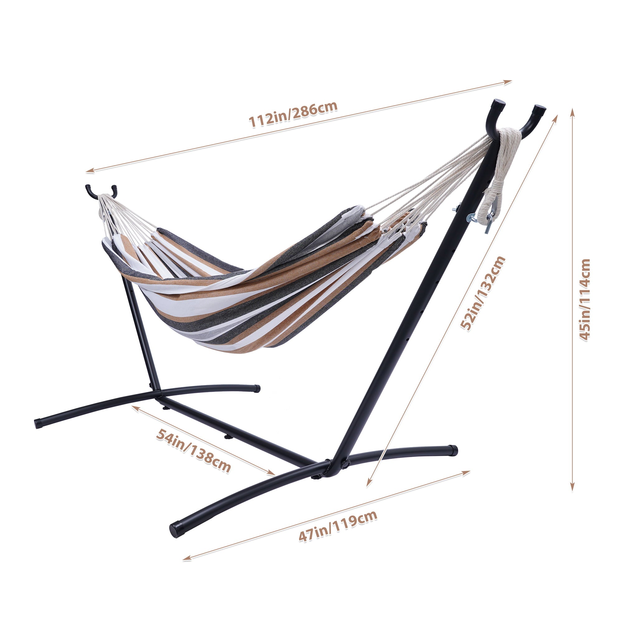 Outdoor Patio Yard Beach Double Hammock Or Indoor with Carrying Case, Portable Hammock with Stand, Heavy Duty Steel Frame, Brown/Grey Striped