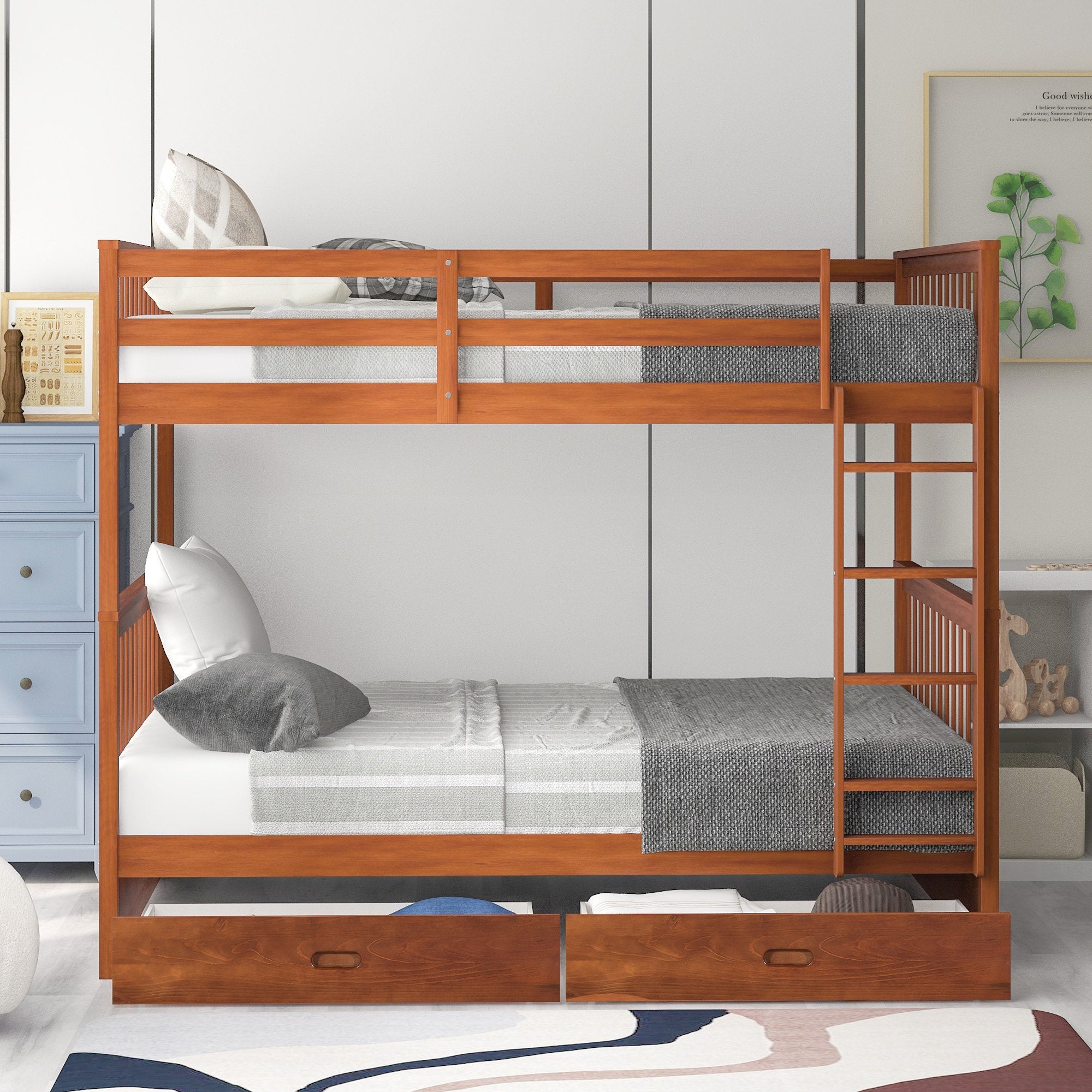 Wood Full Over Full Bunk Bed with Two Storage Drawers and Ladders for Kids Adults,Walnut