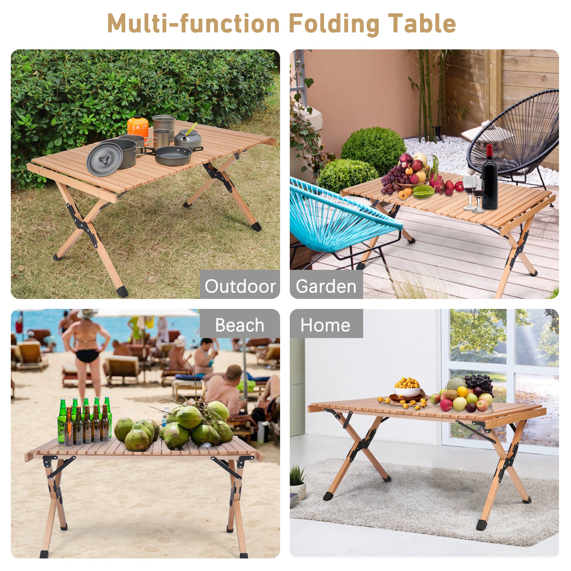 KARMAS PRODUCT Folding Outdoor Camping Wooden Table - Lightweight Roll Up Picnic Table with Carrying Bag， for Beach Backyard BBQ Party Fishing