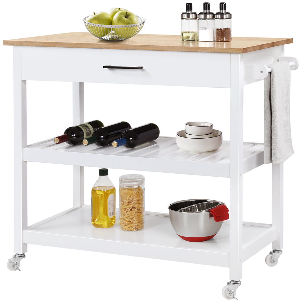 Topeakmart Kitchen Island Cart Wheels with Storage and Drawer Solid Wood Countertop White