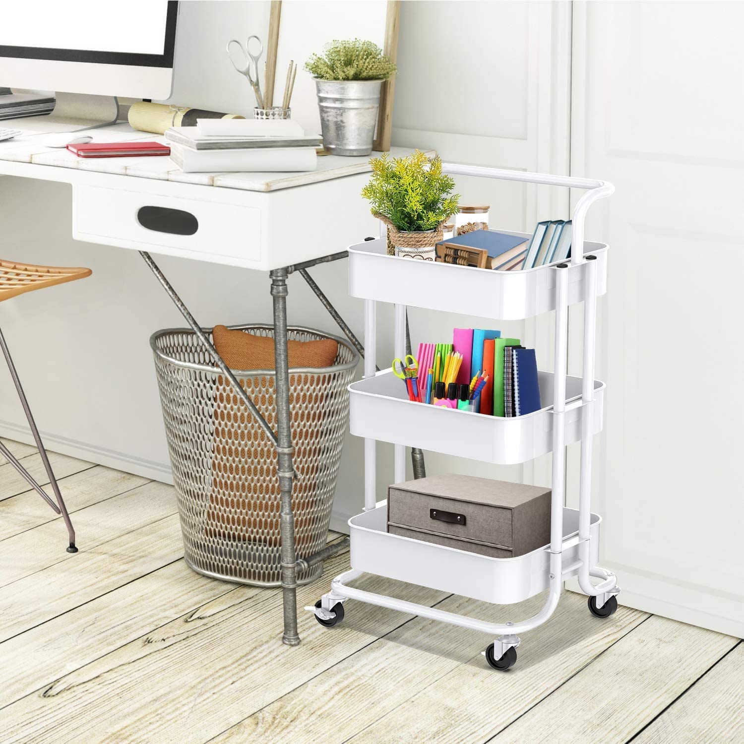 3-Tier Rolling Kitchen Cart， Home Kitchen Storage Utility Cart with Handle， Bathroom Organizer Cart on Wheels， White