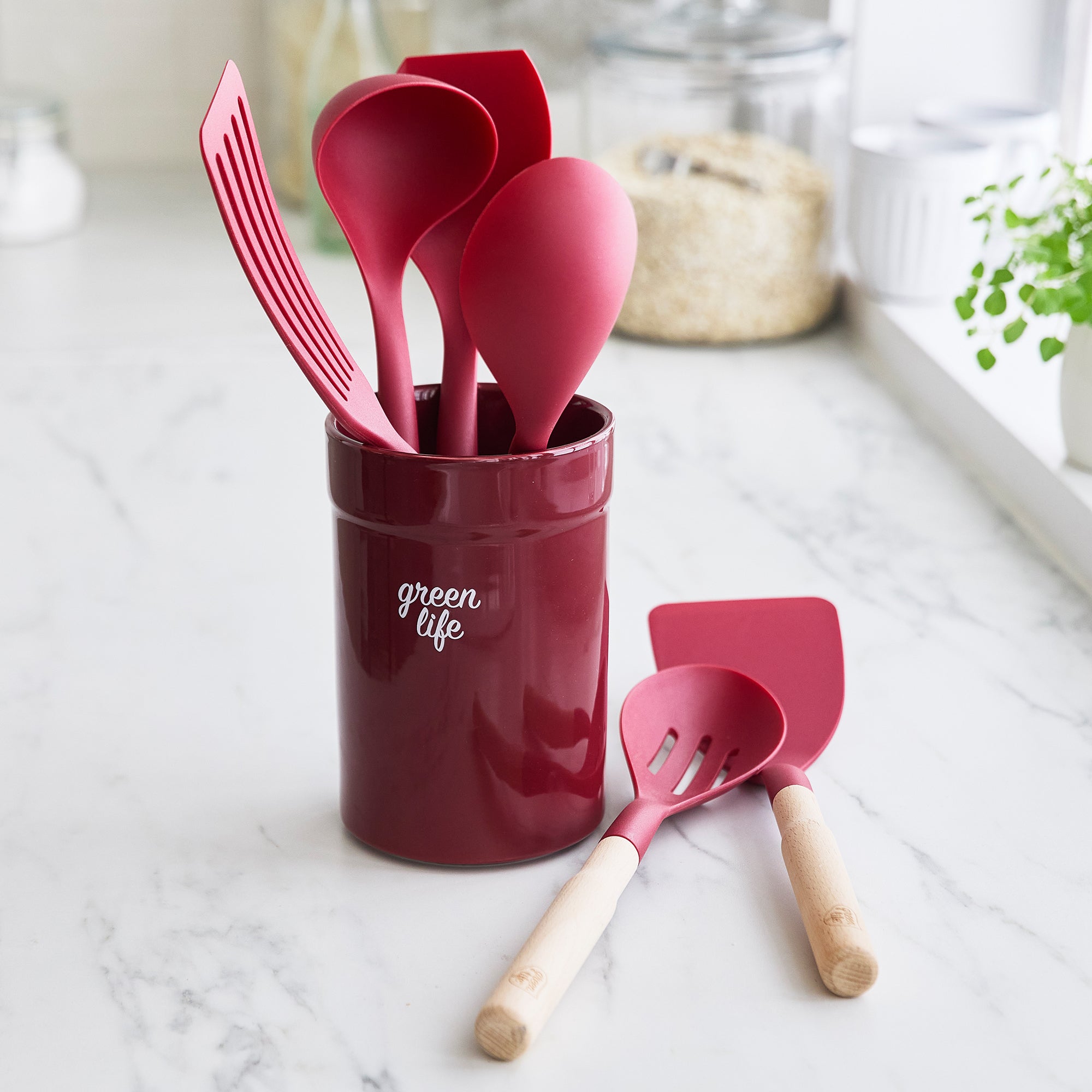GreenLife Nylon & Wood Cooking Utensils with Ceramic Crock, 7-Piece Set | Red