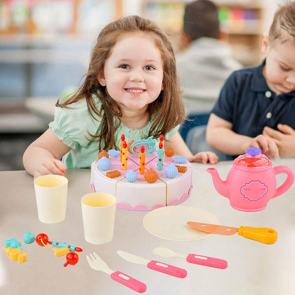 40x Cutting Birthday Cake Diy Pretend Play Kitchen Toy With Tea Set For Kids