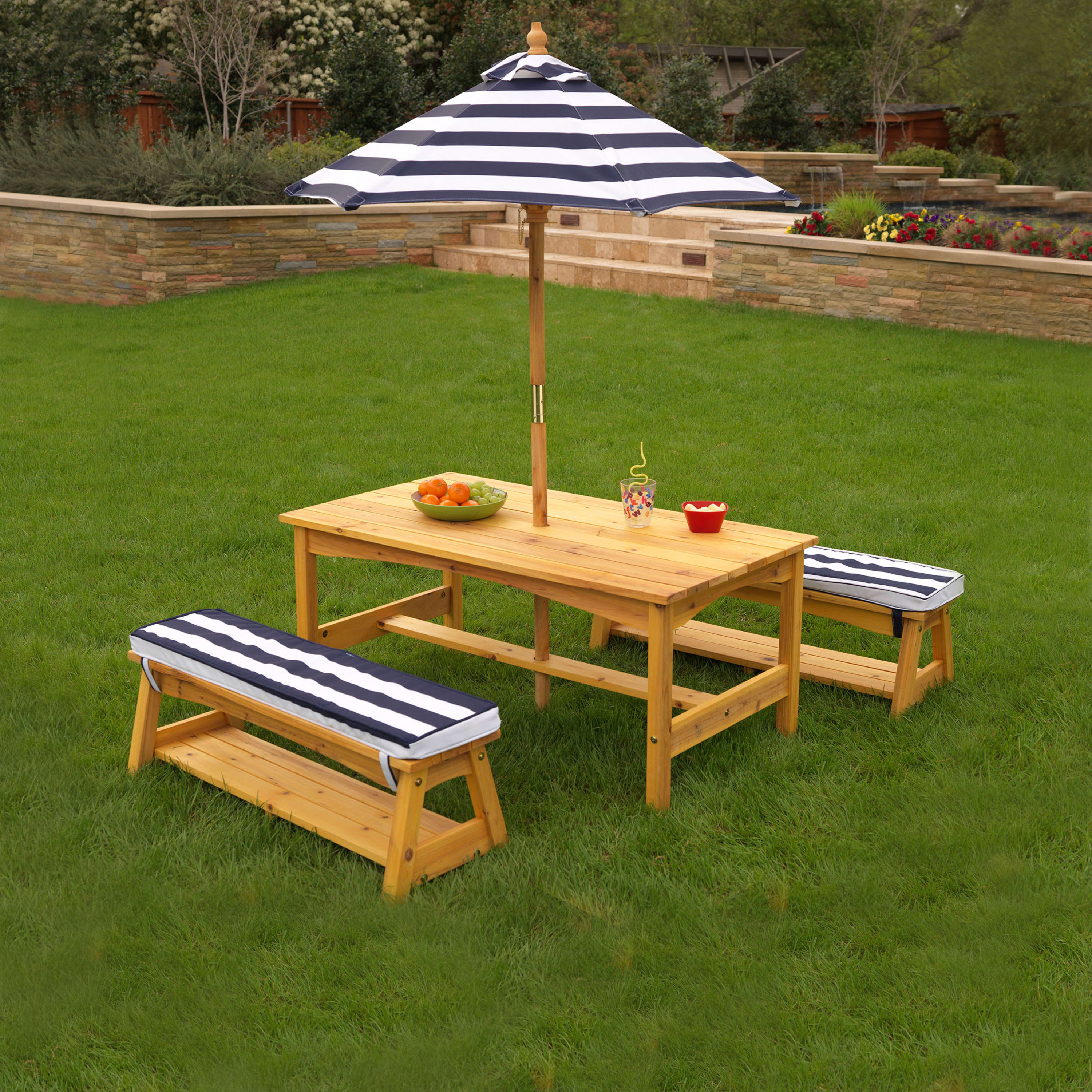 KidKraft Outdoor Wooden Table & Benches with Cushions & Umbrella, Navy