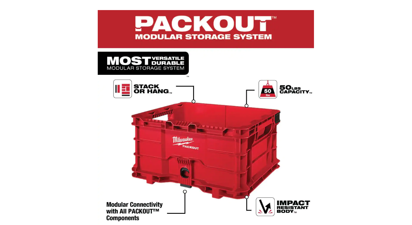 Milwaukee 48-22-8440 PACKOUT 18.6 in. Tool Storage Crate Bin with Carrying Handles and 50 lbs. Weight Capacity