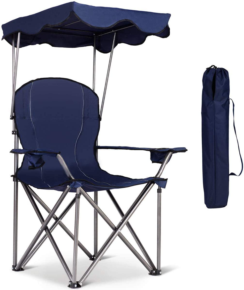 Beach Chair with Canopy Shade, Folding Lawn Chair with Umbrella Cup Holder & Carry Bag, Portable Sunshade Chair for Adults for Outdoor Travel Hiking Fishing, Blue