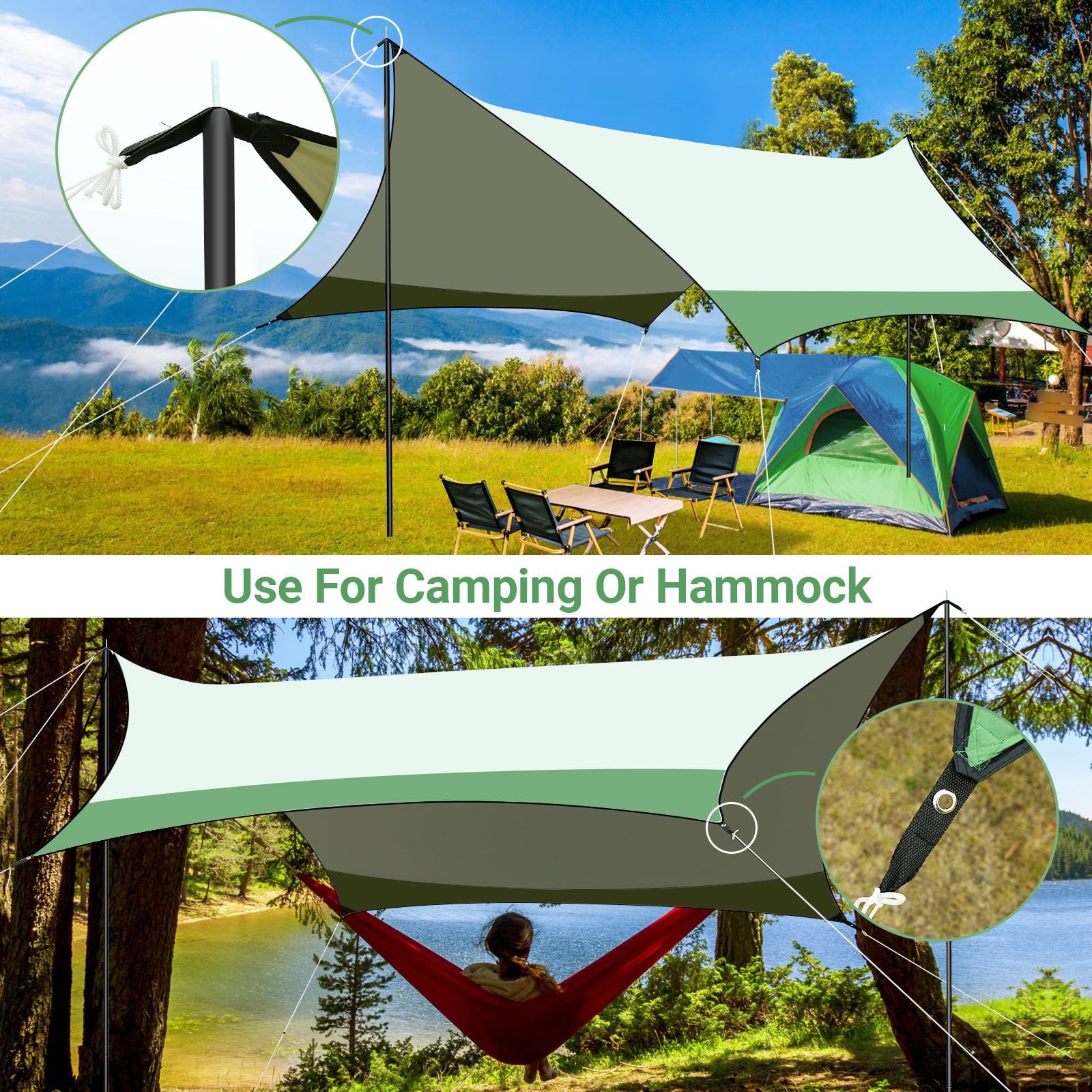 12 x 14ft Camping Tent Tarp Waterproof UPF 50+ Hammock Rain Fly with 2 Poles Outdoor Camping Accessories Tarp Shelter Lightweight and Compact for Backpacking, Hiking, Traveling, Green