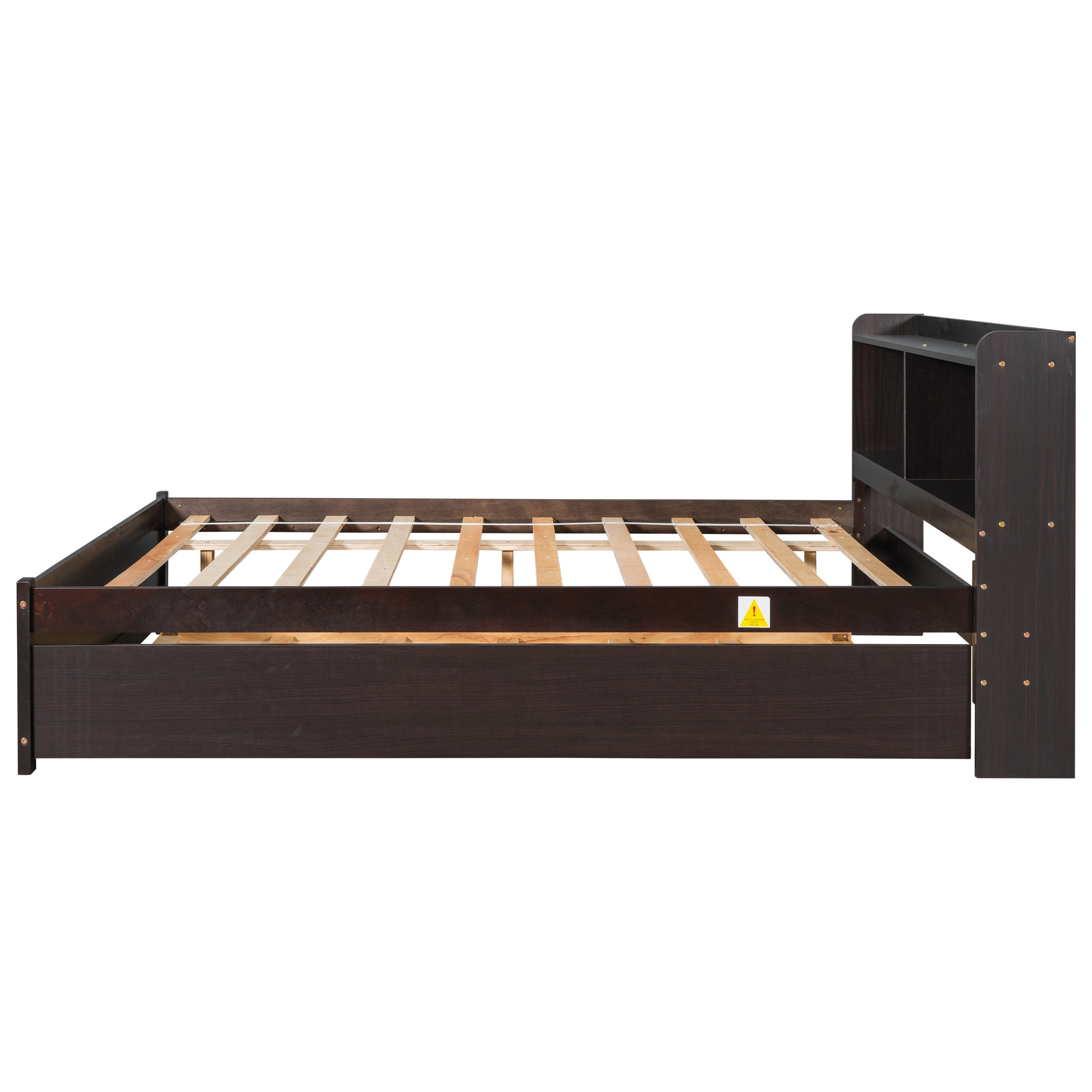 Full Bed Frame with Trundle Included, BTMWAY Wood Platform Bed with Storage Bookcase and Headboard, No Box Spring Needed, Full Size Bed Frame for Kids Boys Girls Teens, 85''x57.5''x36.7'', Espresso