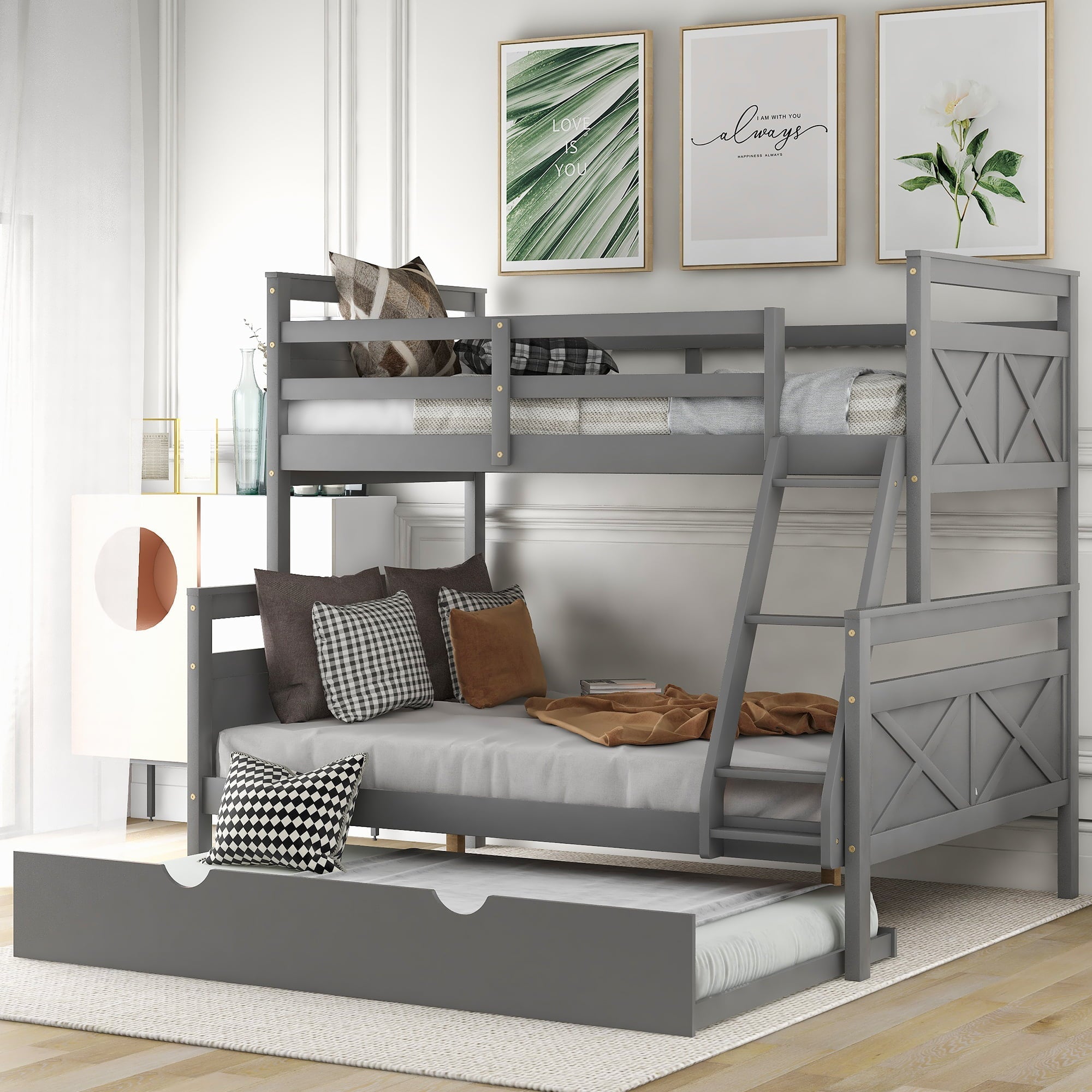 Euroco Wood Twin over Full Bunk Bed with Trundle for Kids & Adults Bedroom, Gray