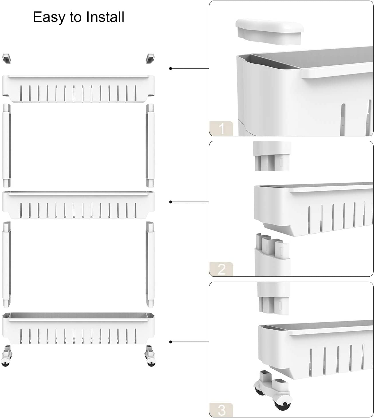 Seenda 3 Tier Slim Slide Out Storage Cart in White， Shelf Tower， Fits， Cabinets. for Small Space Living， Laundry Rooms， Kitchens， Offices