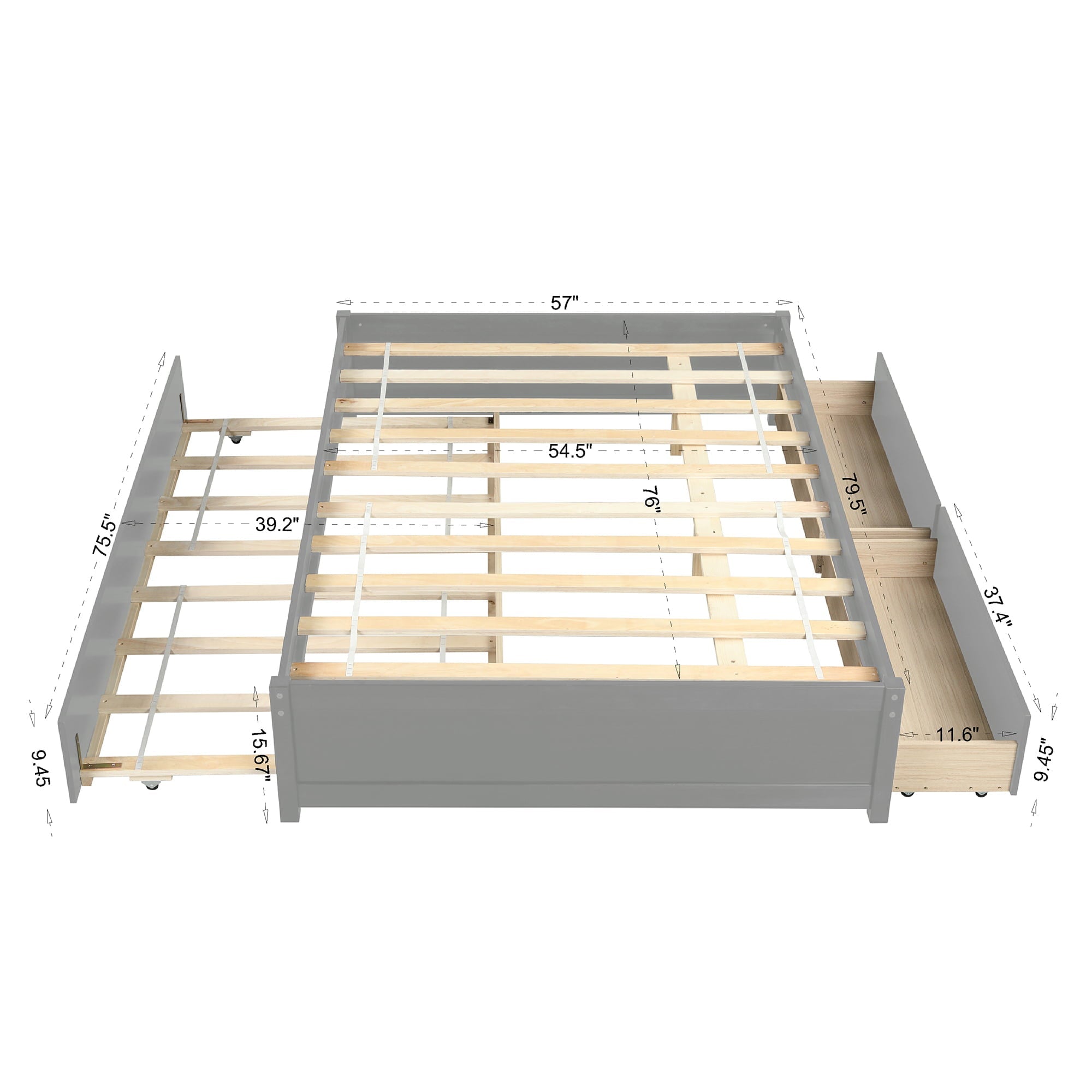 Bellemave Full Bed with Trundle and Storage, Solid Wood Full Size Platform Bed Frame with Drawers, Space-Saving Full Bed for Kids Teens and Adults (Gray)